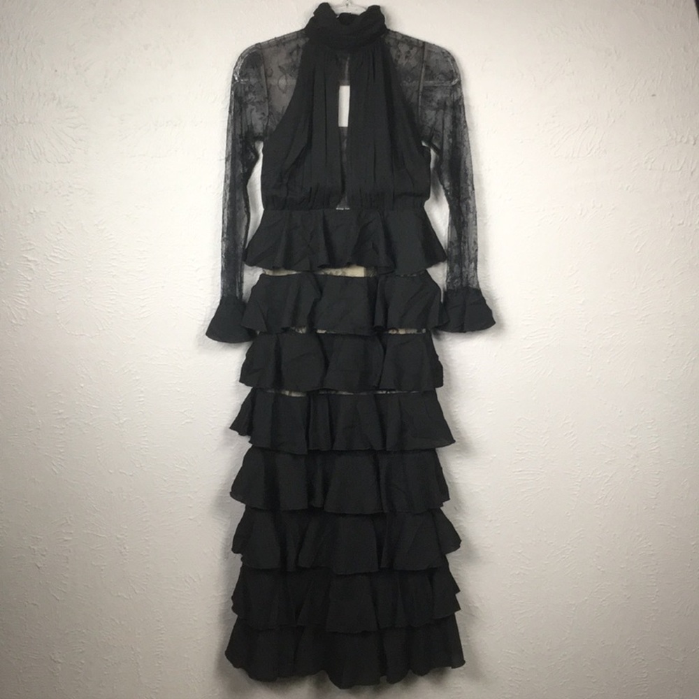 Few Moda Black Lace Multi Tiered Ruffle Maxi Dress